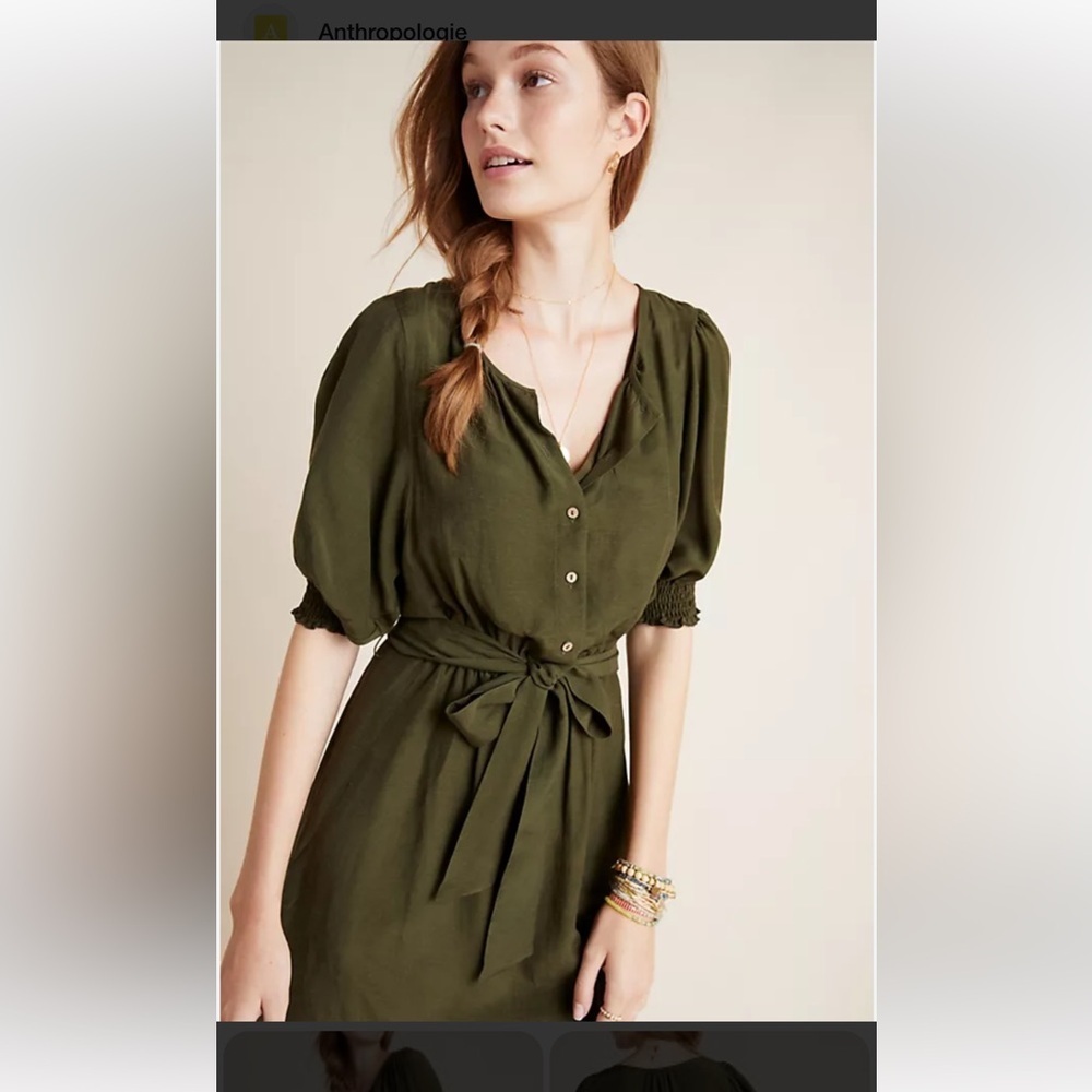 Anthropologie Olive Green Drawstring Dress Small Petite